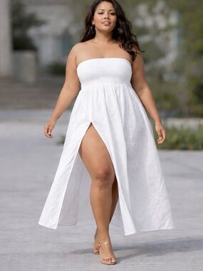 White Fable Strapless White Midi Dress with Side Slit size Large